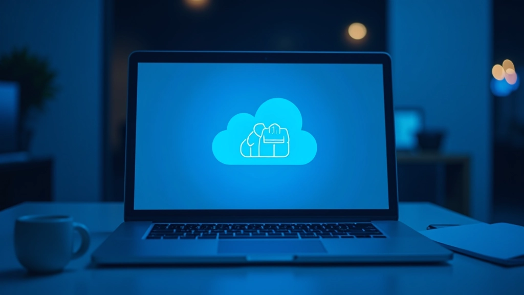 Laptop-Bildschirm mit Cloud-Synchronisationssymbolen und Dateisymbolen