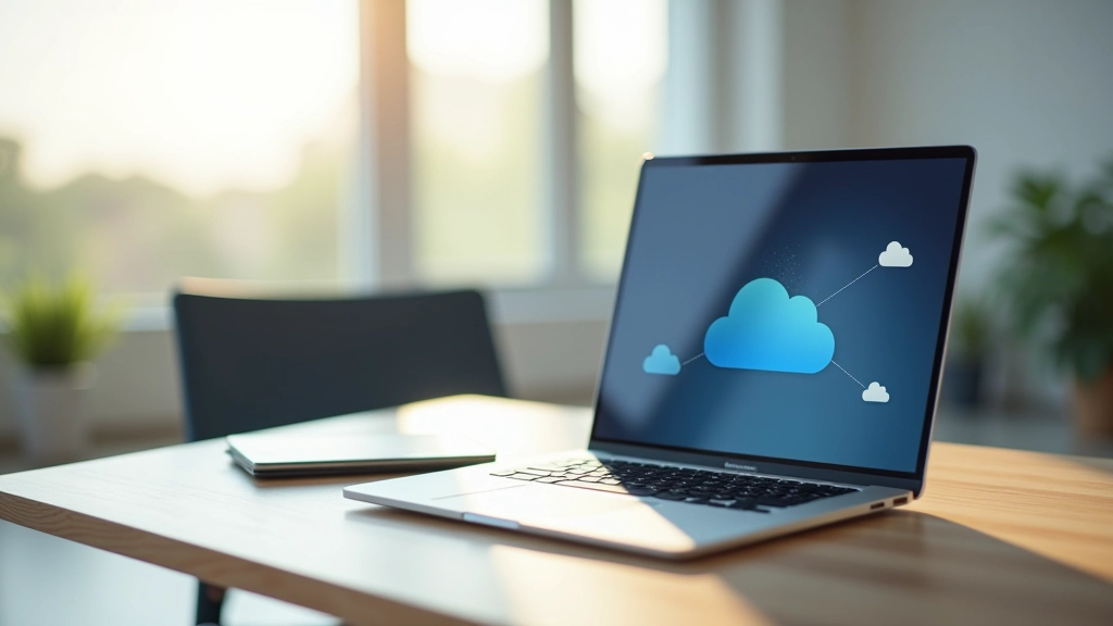 Moderner Arbeitsplatz mit Laptop und Cloud-Speicher-Symbolen auf dem Bildschirm